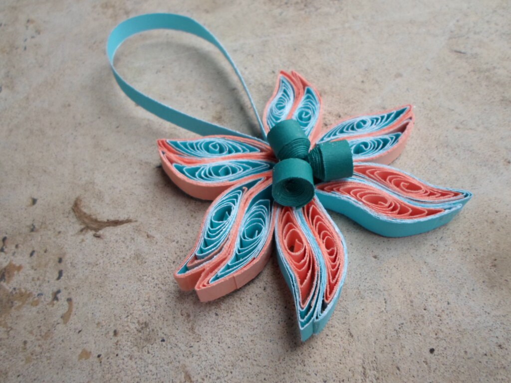 Teal & Coral Quilled Christmas Ornament: Paper Flower Decoration