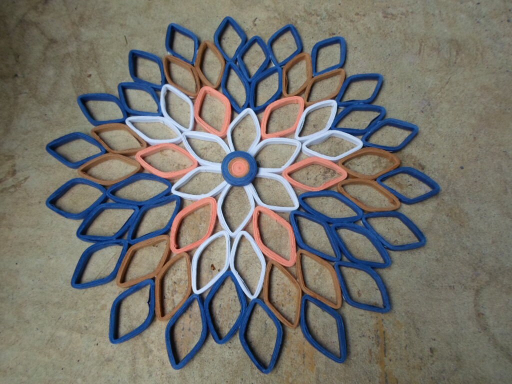 Paper Dahlia Wall Art: Navy, Coral, Brown, and White
