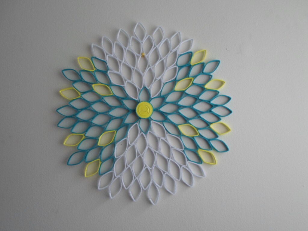 Dahlia Paper Flower Wall Art: White, Turquoise & Yellow Ombré