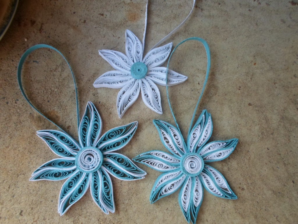 Blue Christmas tree ornaments White decorations Paper quilling Flowers ornaments Holidays decor