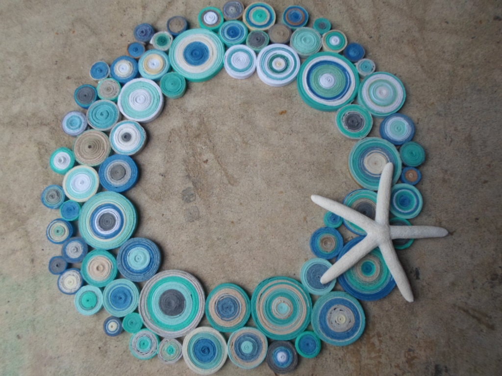 Paper wreath in beach colors Round bathroom wall hanging Beach home decor Starfish
