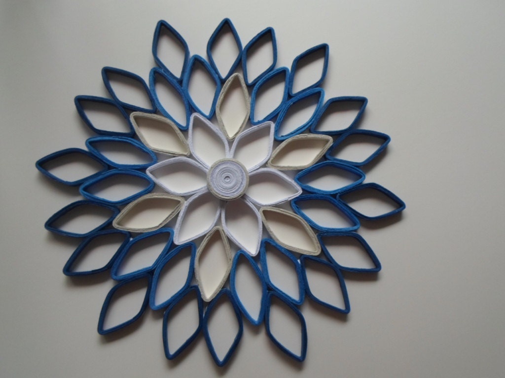 Navy & White Paper Dahlia Wall Art: Handmade Geometric Flower Decor