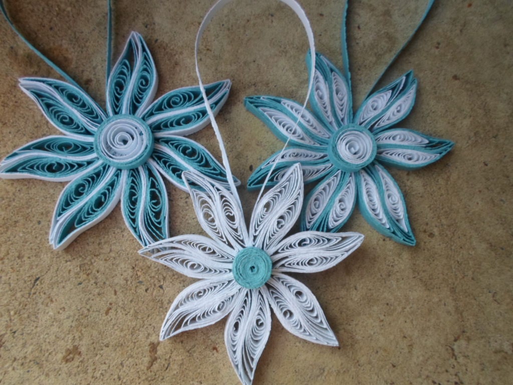 Blue Christmas tree ornaments White decorations Paper quilling Flowers ornaments Holidays decor