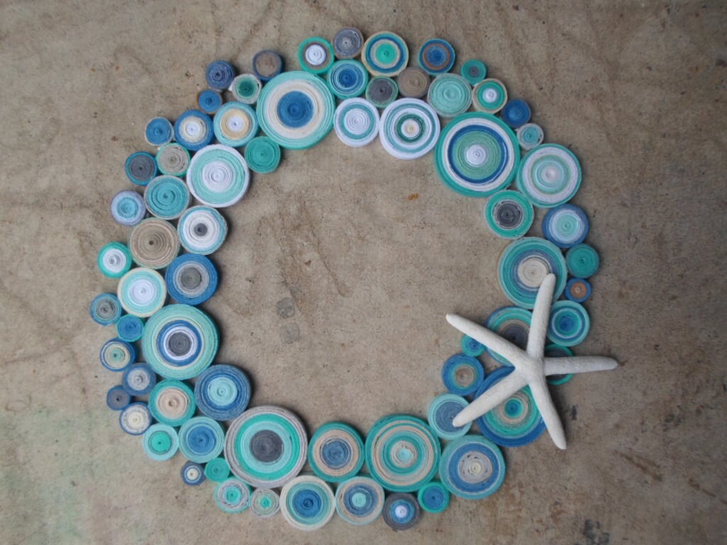 Paper wreath in beach colors Round bathroom wall hanging Beach home decor Starfish