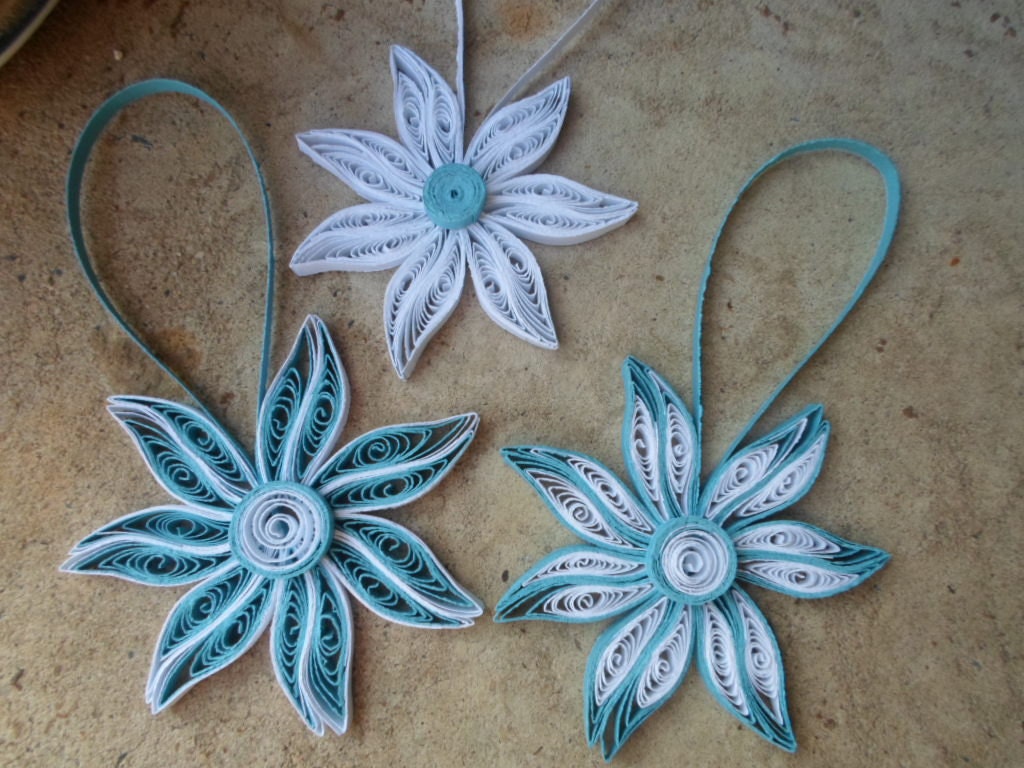 Blue Christmas tree ornaments White decorations Paper quilling Flowers ornaments Holidays decor
