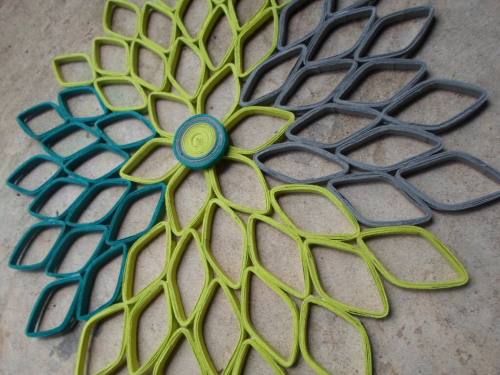 Teal & Lime Green Dahlia Wall Art: Geometric Paper Flower Decor