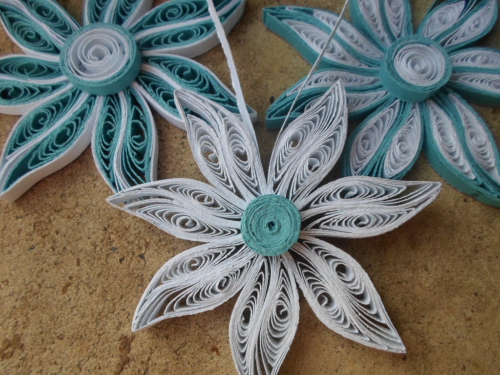 Blue Christmas tree ornaments White decorations Paper quilling Flowers ornaments Holidays decor