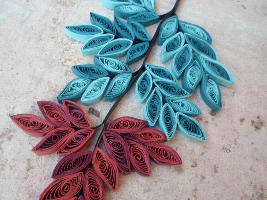 Coral & Teal Paper Leaves Wall Hanging: Glossy Home Decor