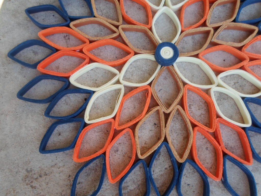 Large Paper Dahlia Wall Art: Orange, Blue, & Brown Geometric Flower