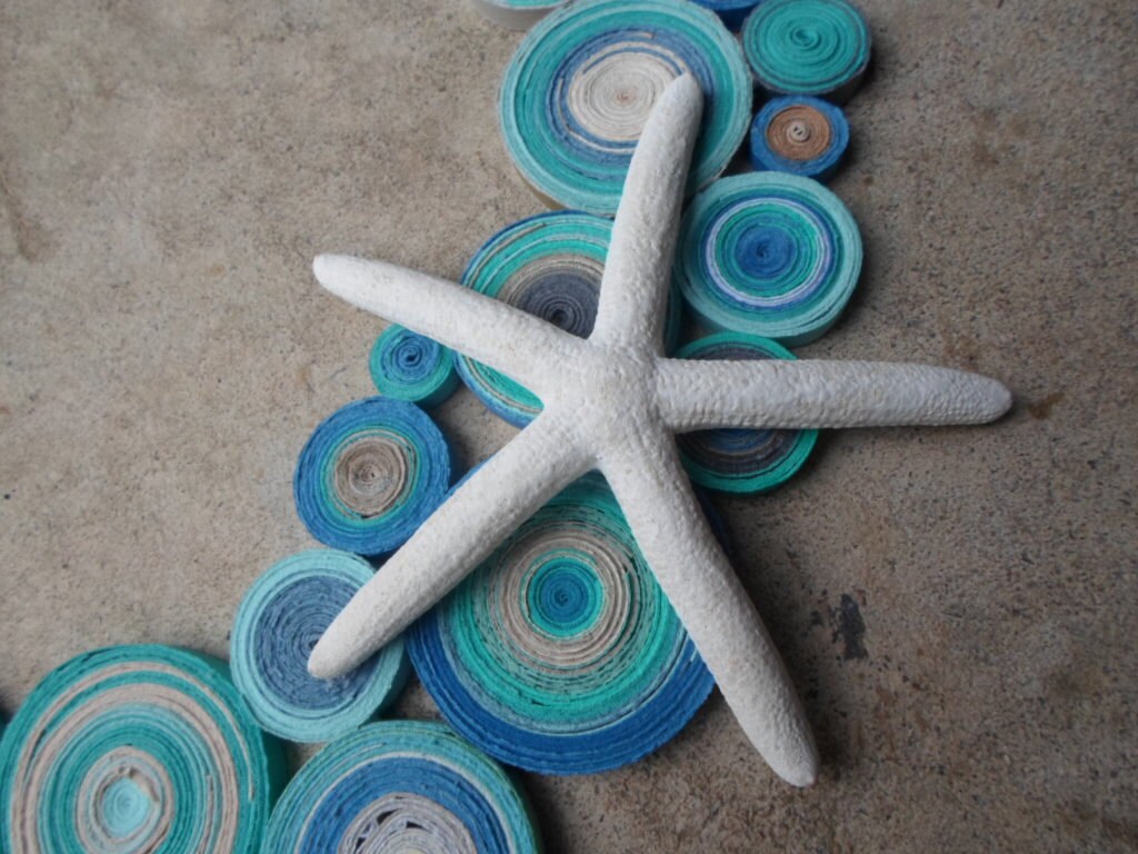 Paper wreath in beach colors Round bathroom wall hanging Beach home decor Starfish