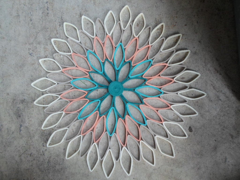 Handmade Dahlia Paper Wall Art: Teal, Coral, & Gray Ombré