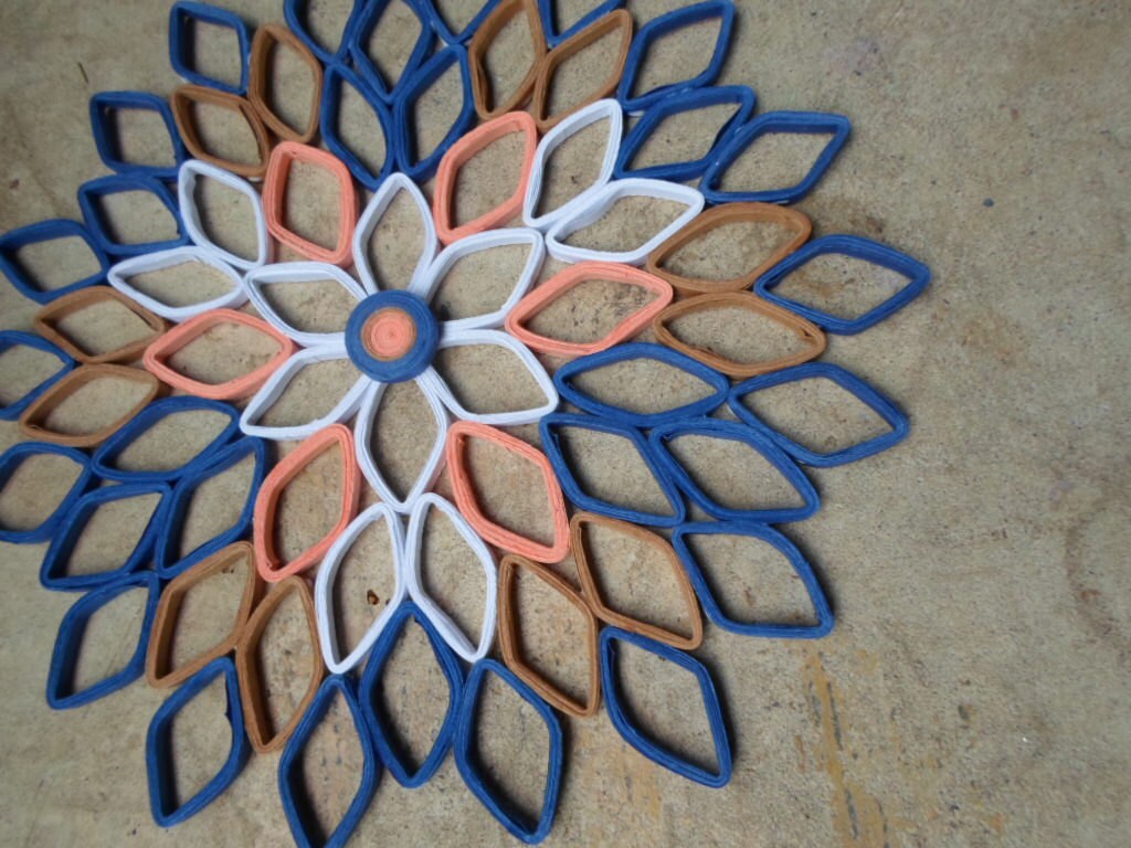 Paper Dahlia Wall Art: Navy, Coral, Brown, and White