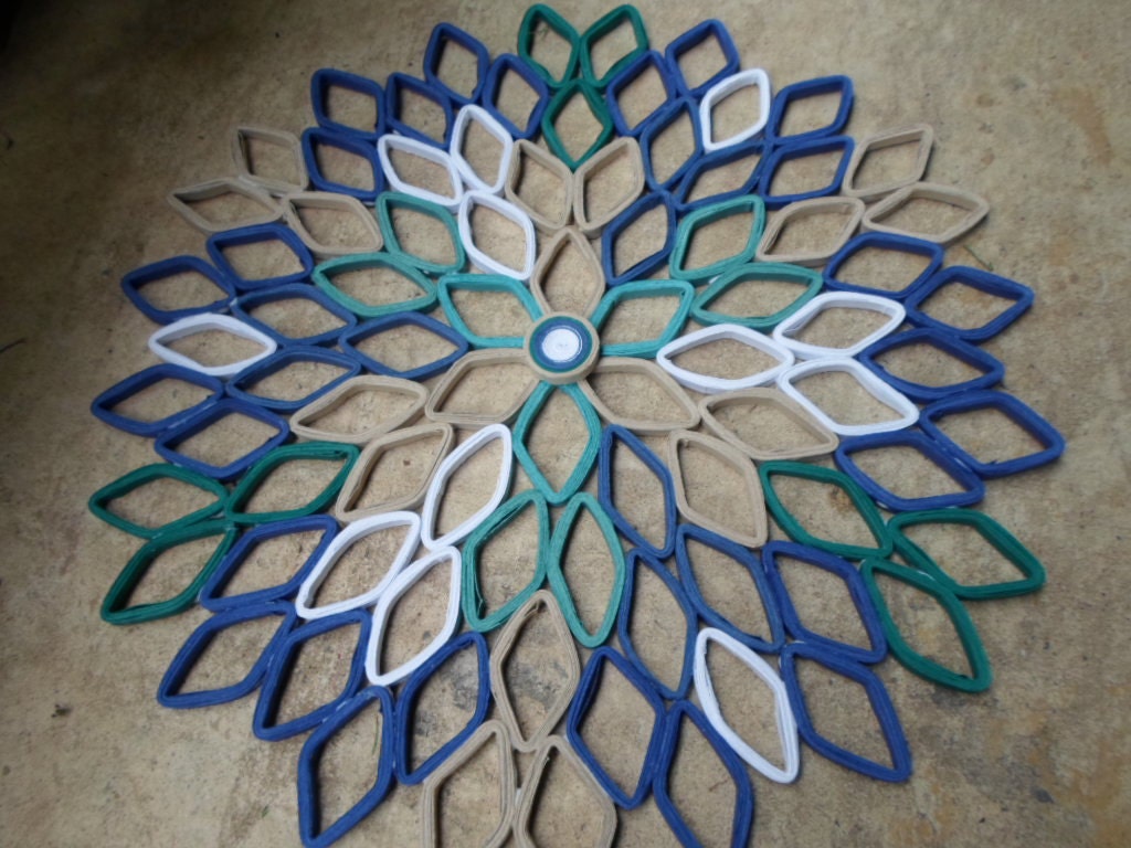 Handmade Dahlia Paper Wall Art: Navy, Teal, and Beige