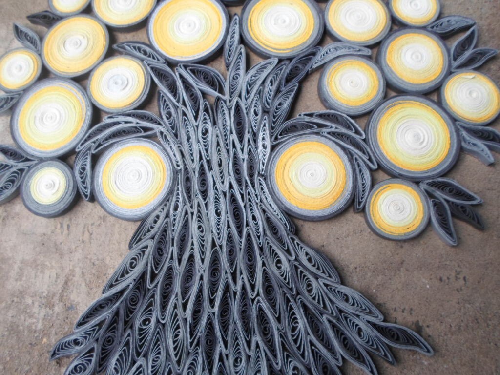 Yellow gray ombre home decor Quill tree wall art Paper hanging Original artwork