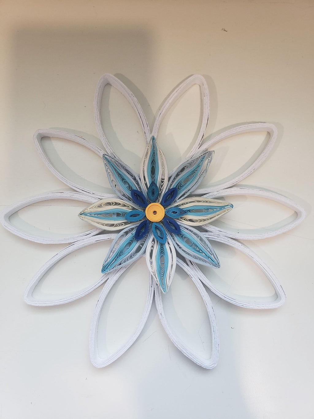 Handmade wall hanging Small white - blue  wall decoration Paper flower artwork
