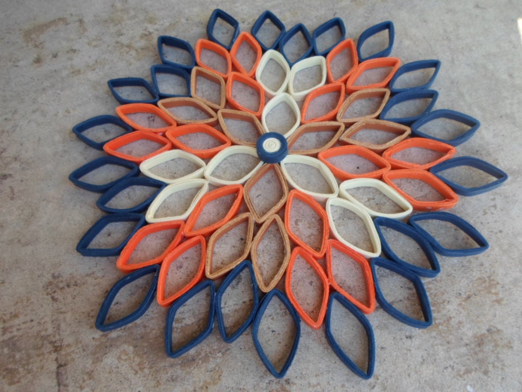 Large Paper Dahlia Wall Art: Orange, Blue, & Brown Geometric Flower