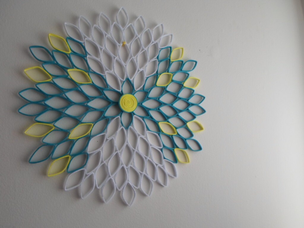 Dahlia Paper Flower Wall Art: White, Turquoise & Yellow Ombré