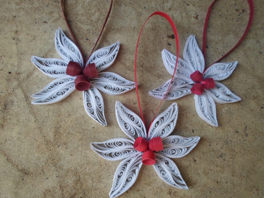 White Christmas tree ornaments Paper decorations Holiday White red flowers