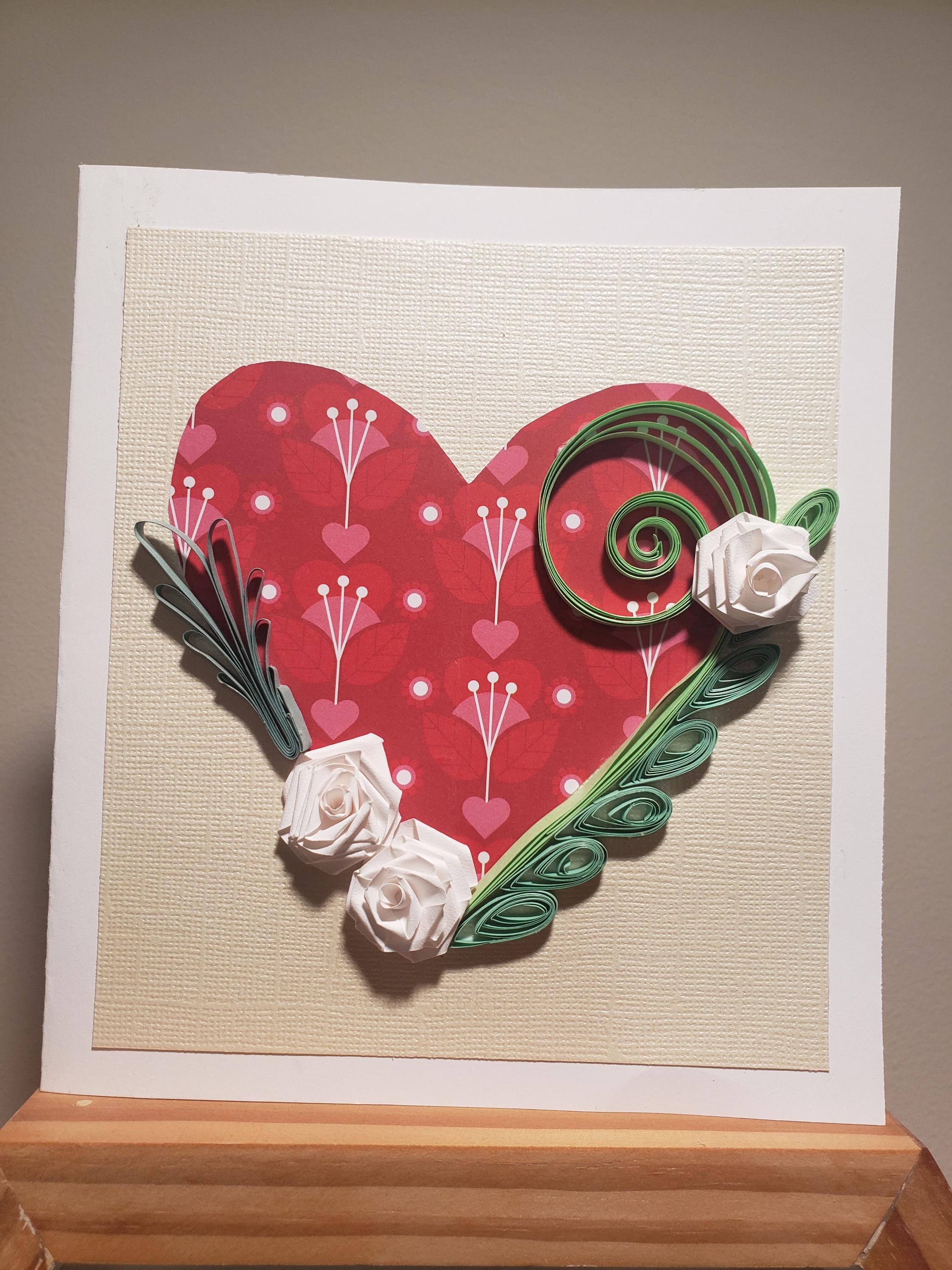 Handmade Quilled Valentine's Card: Heart & White Roses