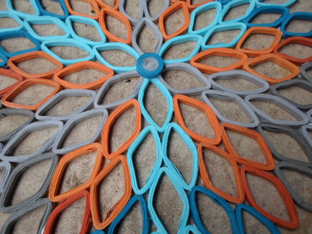 Paper Dahlia Wall Art: Blue, Gray & Orange Geometric Flower Decor