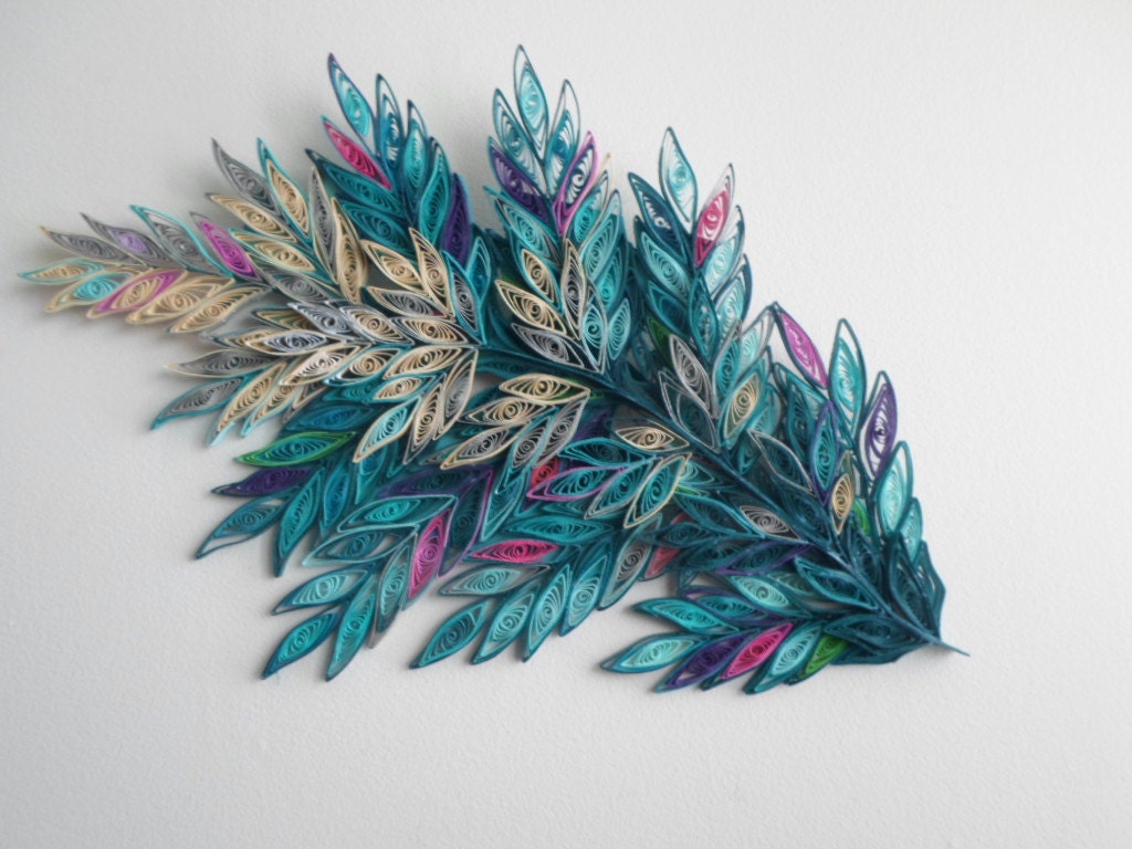 Teal & Silver Quilled Paper Branch Wall Art: 24x13 Inch