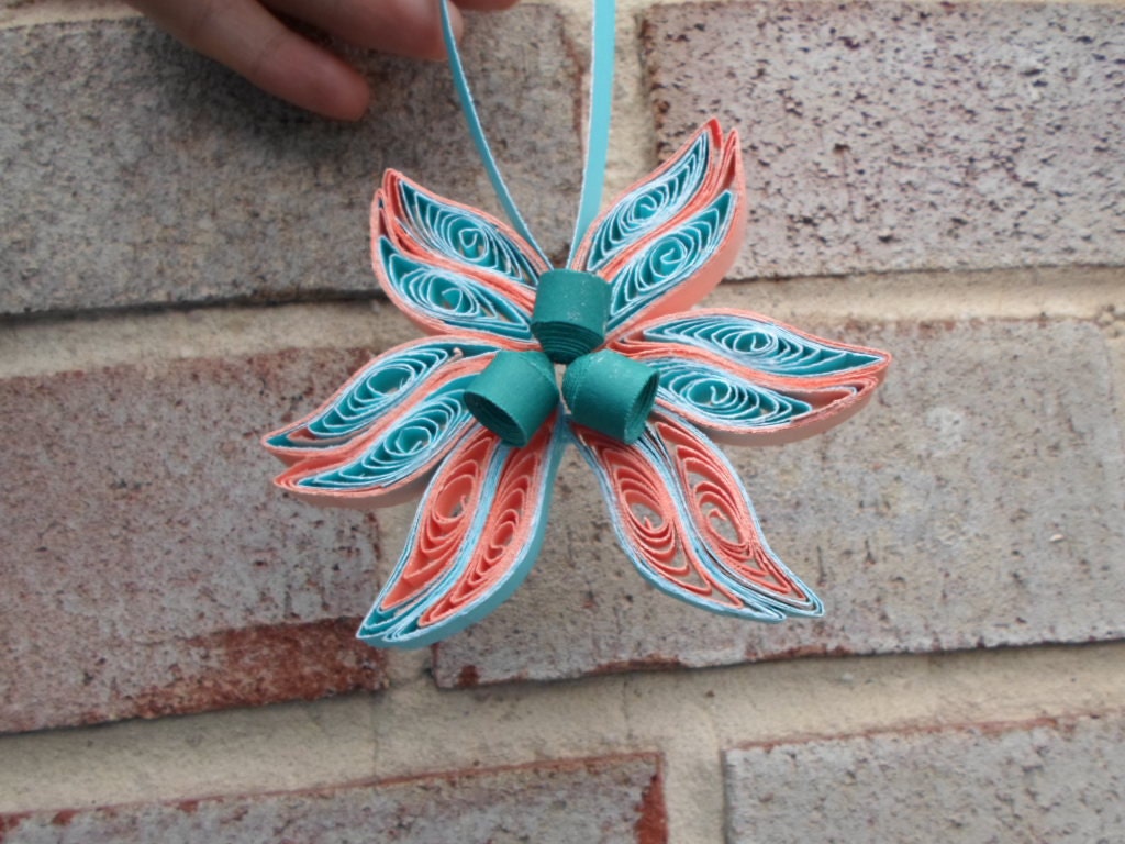 Teal & Coral Quilled Christmas Ornament: Paper Flower Decoration