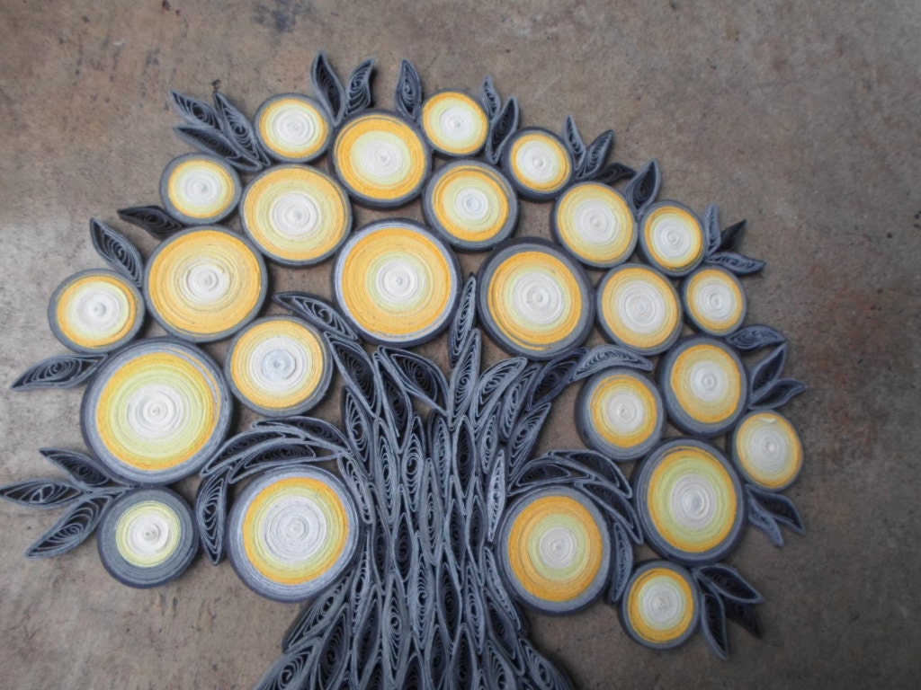 Yellow gray ombre home decor Quill tree wall art Paper hanging Original artwork