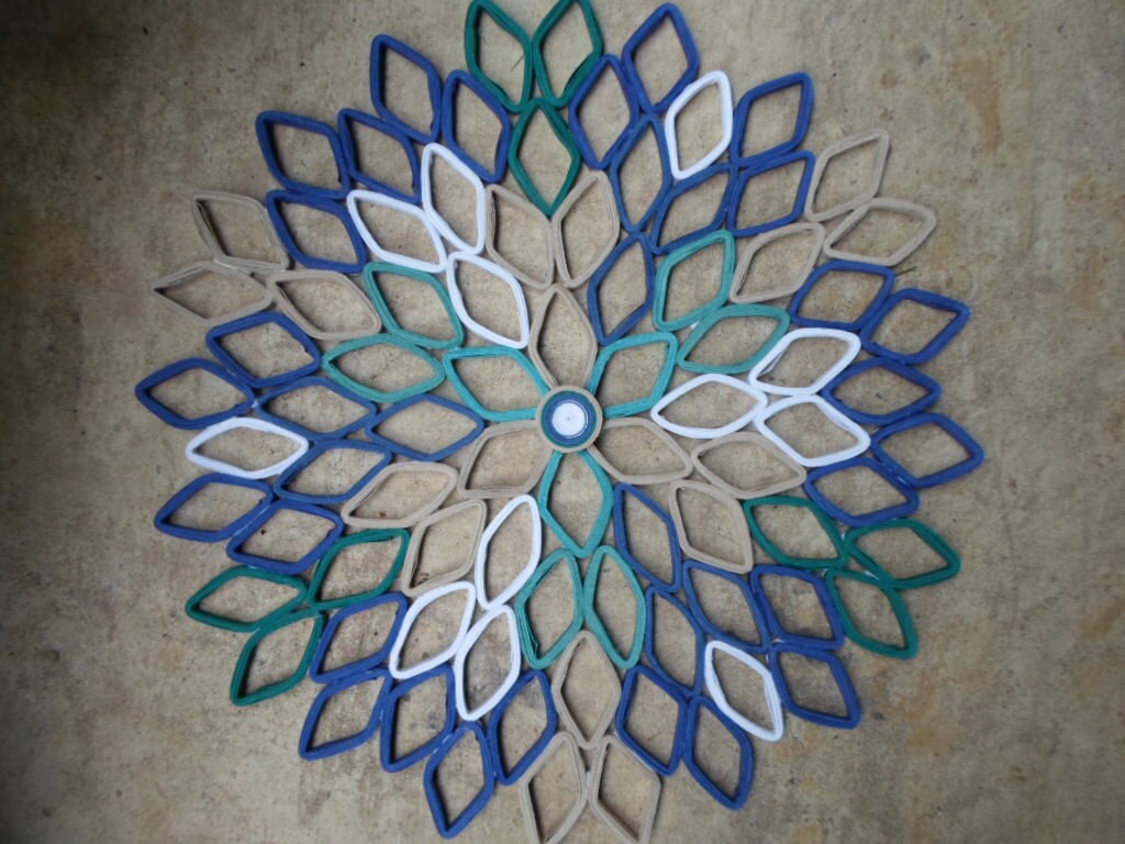 Handmade Dahlia Paper Wall Art: Navy, Teal, and Beige