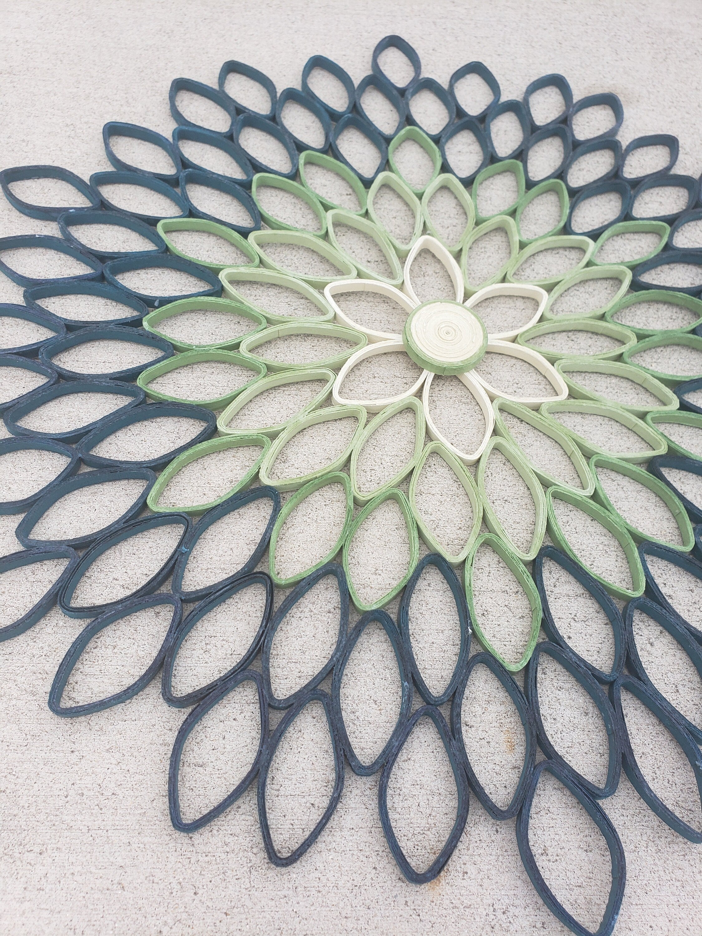 Handmade Dahlia Wall Art: Green & Teal Geometric Paper Quilling