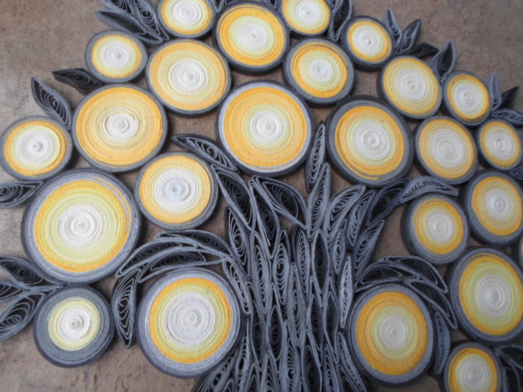 Yellow gray ombre home decor Quill tree wall art Paper hanging Original artwork