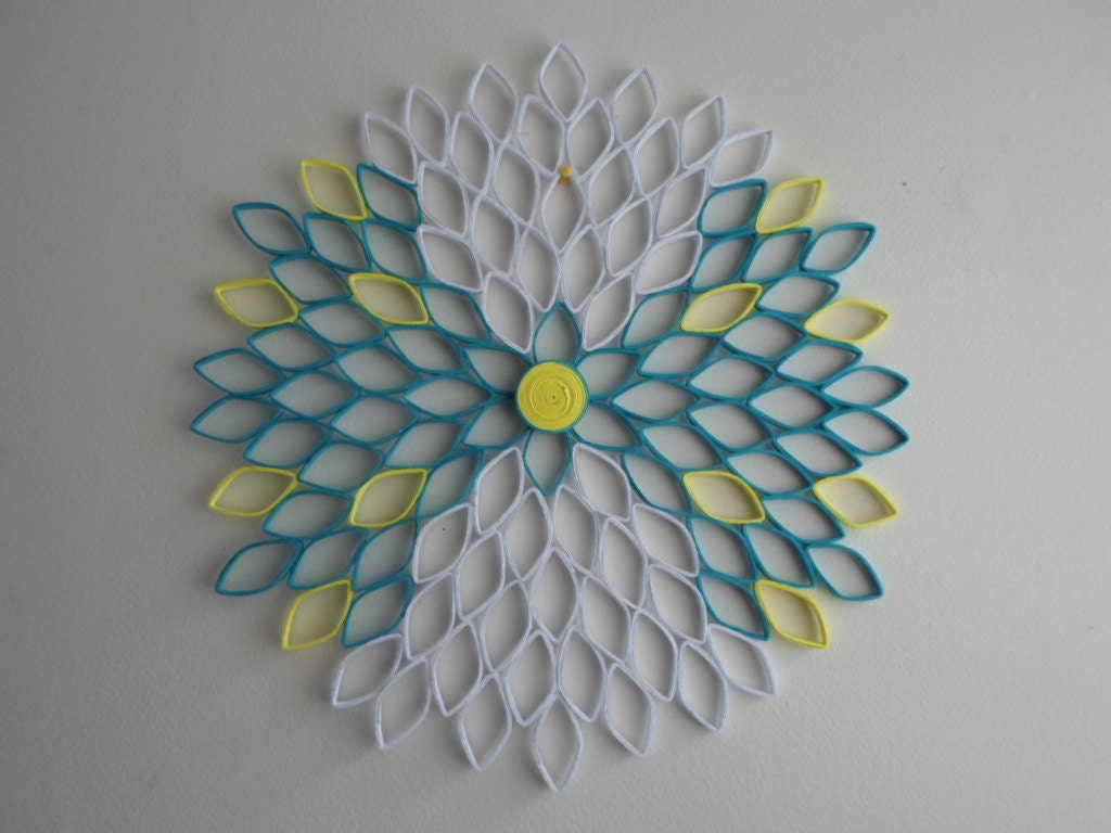 Dahlia Paper Flower Wall Art: White, Turquoise & Yellow Ombré