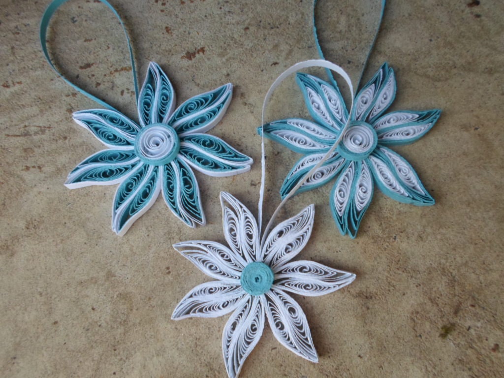 Blue Christmas tree ornaments White decorations Paper quilling Flowers ornaments Holidays decor