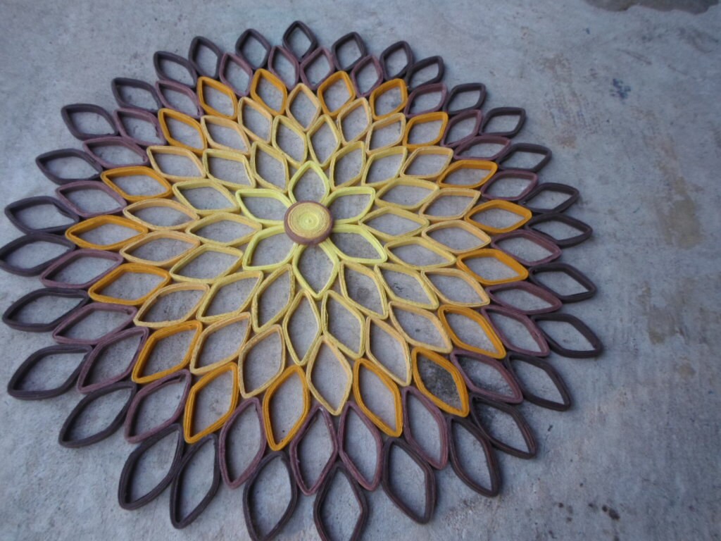 Handmade Paper Dahlia Wall Art: Yellow Mustard Brown, 19-inch Round Decor