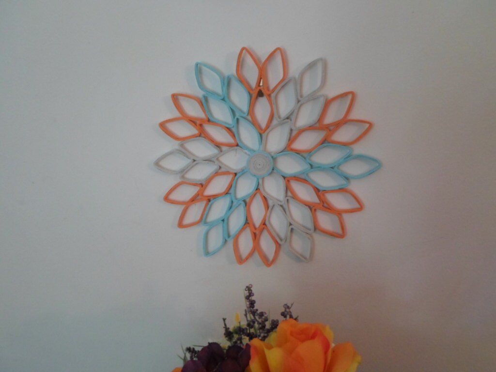 Paper Dahlia Wall Art: Gray, Orange & Blue Geometric Flower