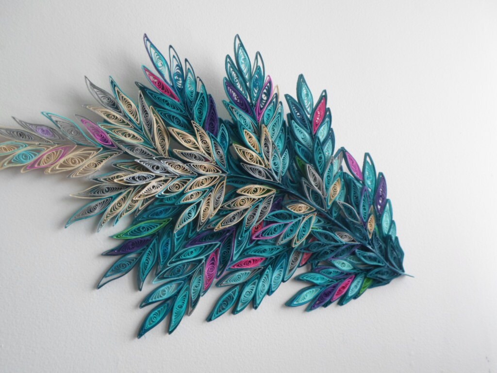 Teal & Silver Quilled Paper Branch Wall Art: 24x13 Inch