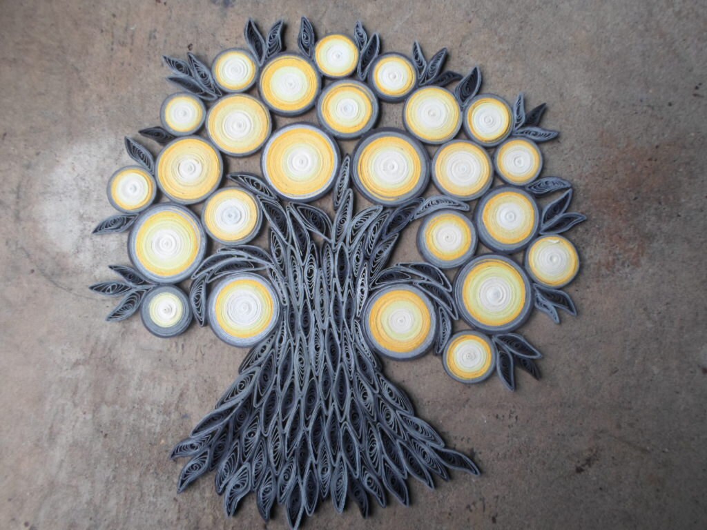 Yellow gray ombre home decor Quill tree wall art Paper hanging Original artwork