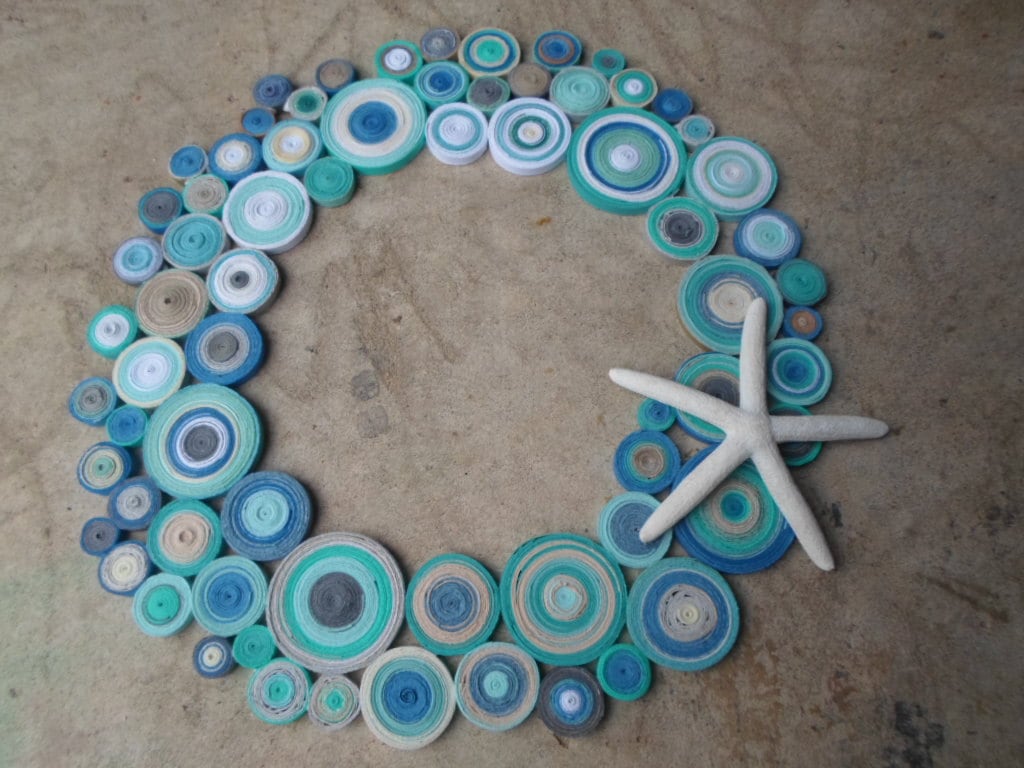 Paper wreath in beach colors Round bathroom wall hanging Beach home decor Starfish