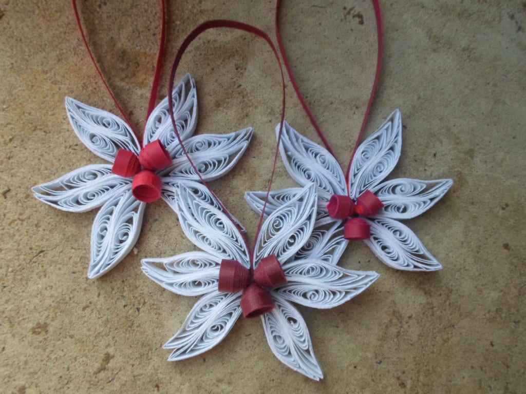 White Christmas tree ornaments Paper decorations Holiday White red flowers