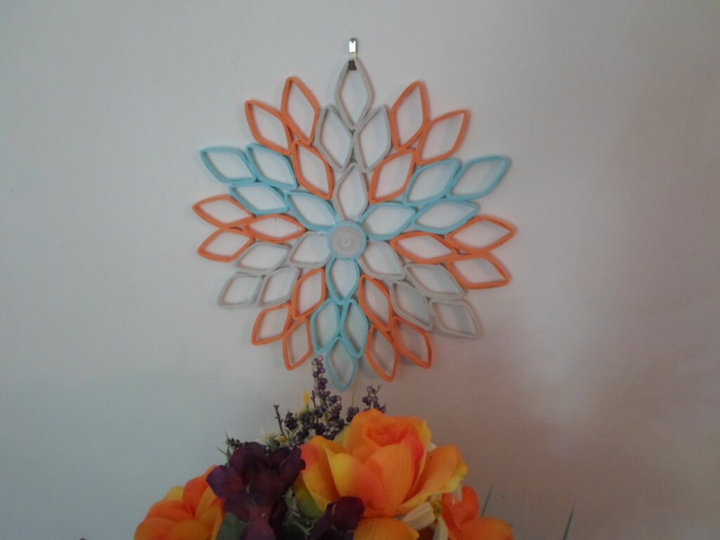 Paper Dahlia Wall Art: Gray, Orange & Blue Geometric Flower