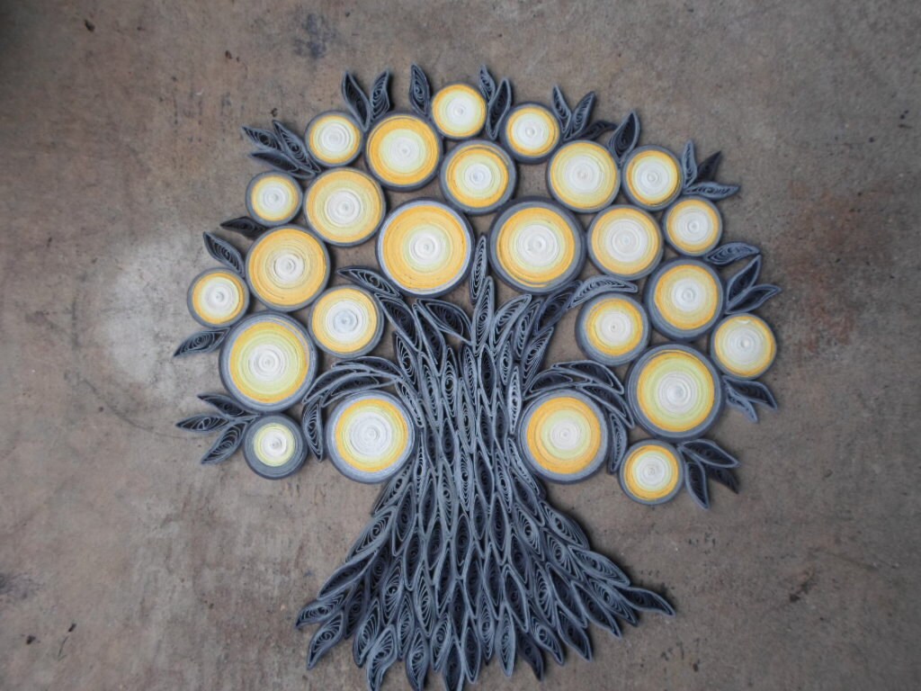 Yellow gray ombre home decor Quill tree wall art Paper hanging Original artwork