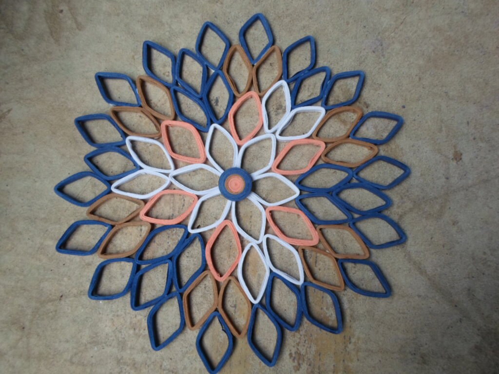 Paper Dahlia Wall Art: Navy, Coral, Brown, and White