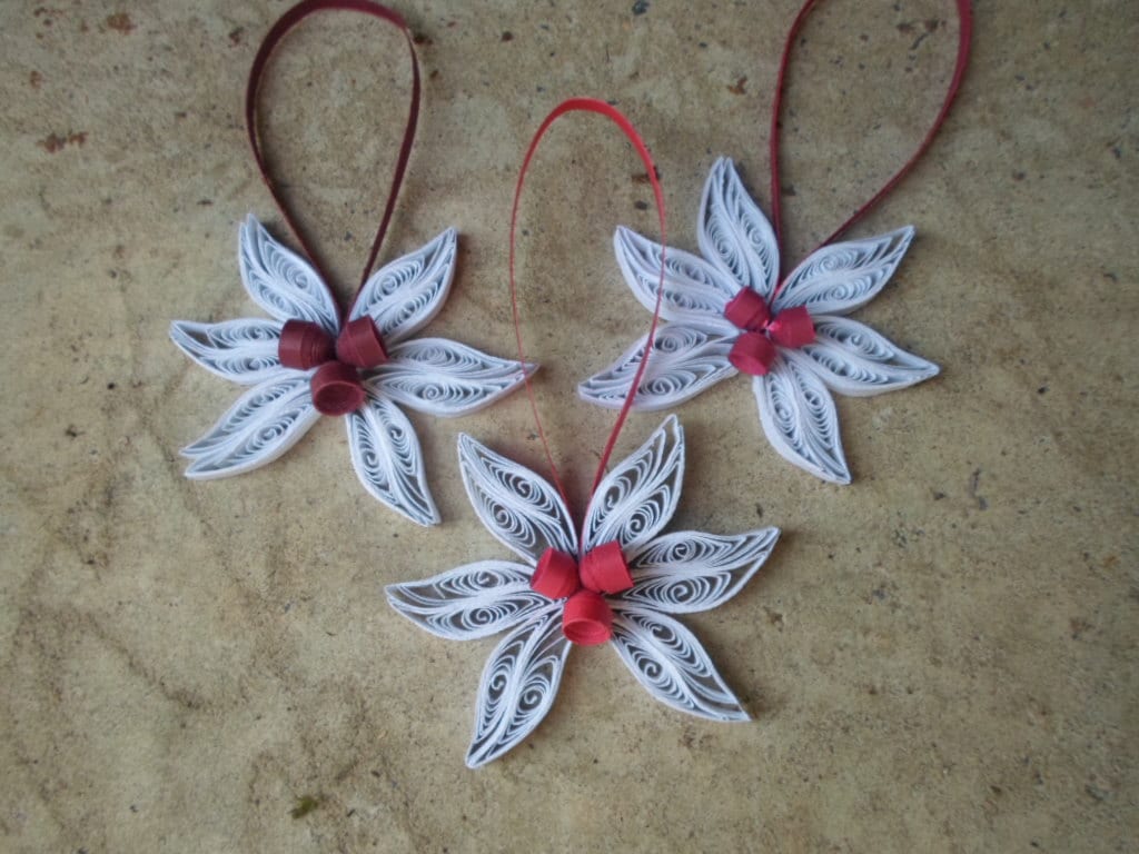 White Christmas tree ornaments Paper decorations Holiday White red flowers