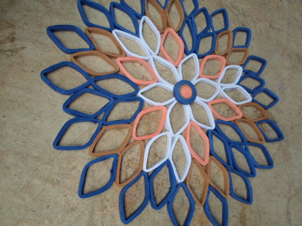 Paper Dahlia Wall Art: Navy, Coral, Brown, and White