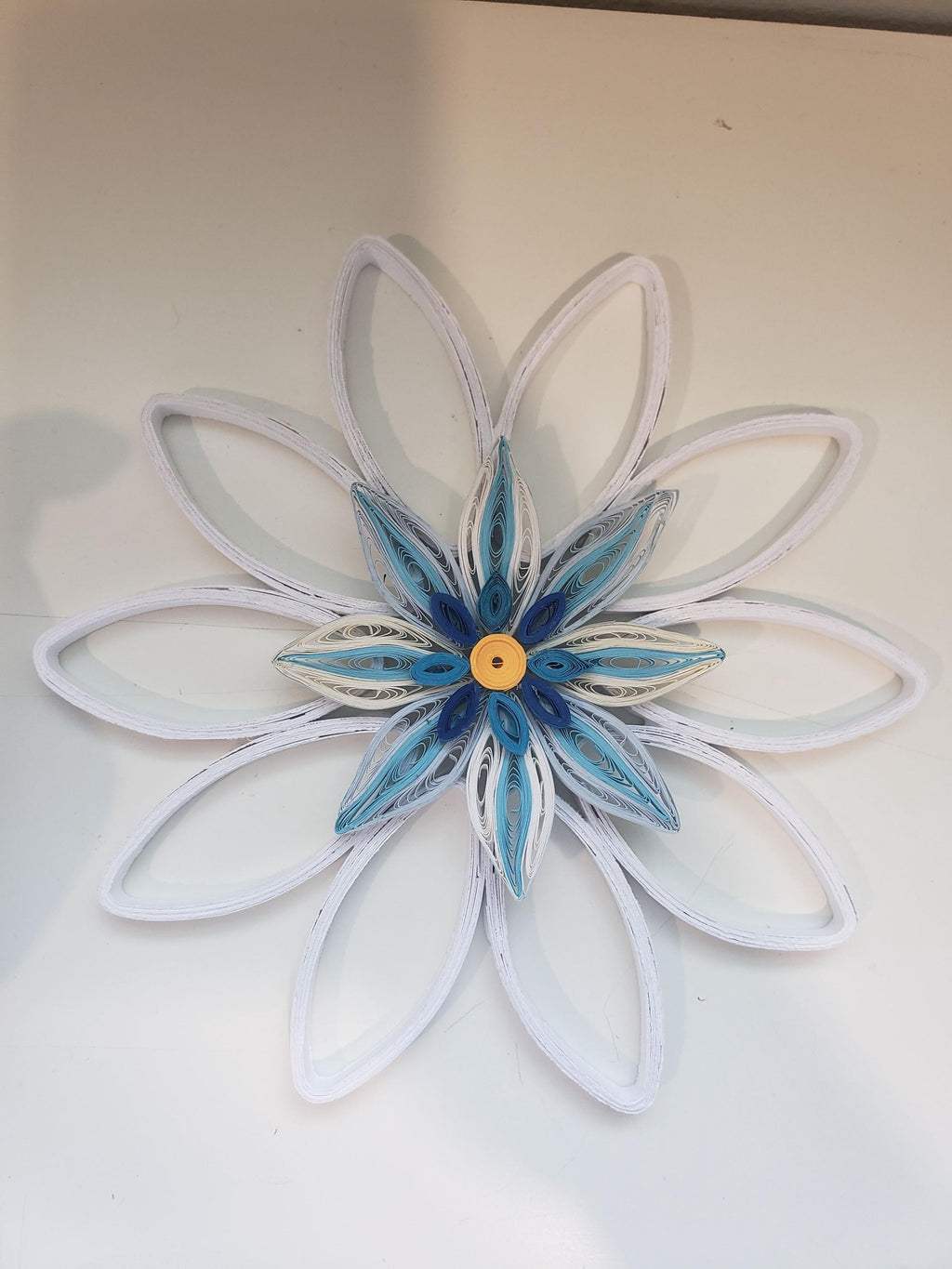 Handmade wall hanging Small white - blue  wall decoration Paper flower artwork