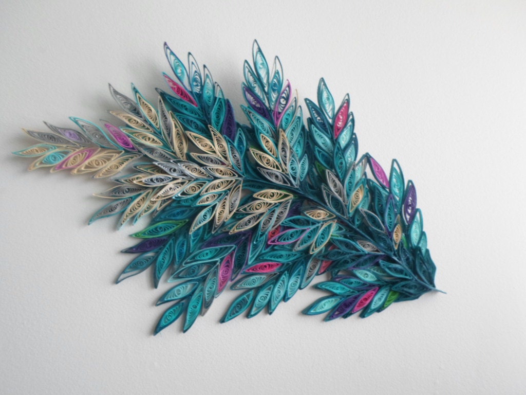 Teal & Silver Quilled Paper Branch Wall Art: 24x13 Inch