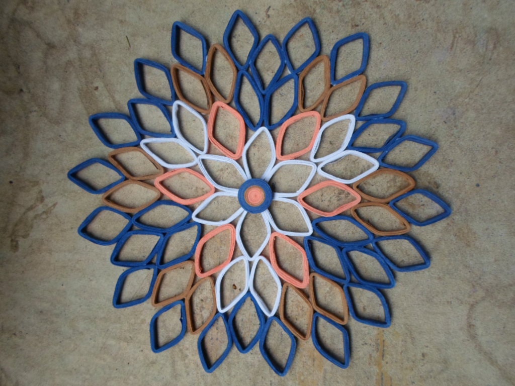 Paper Dahlia Wall Art: Navy, Coral, Brown, and White