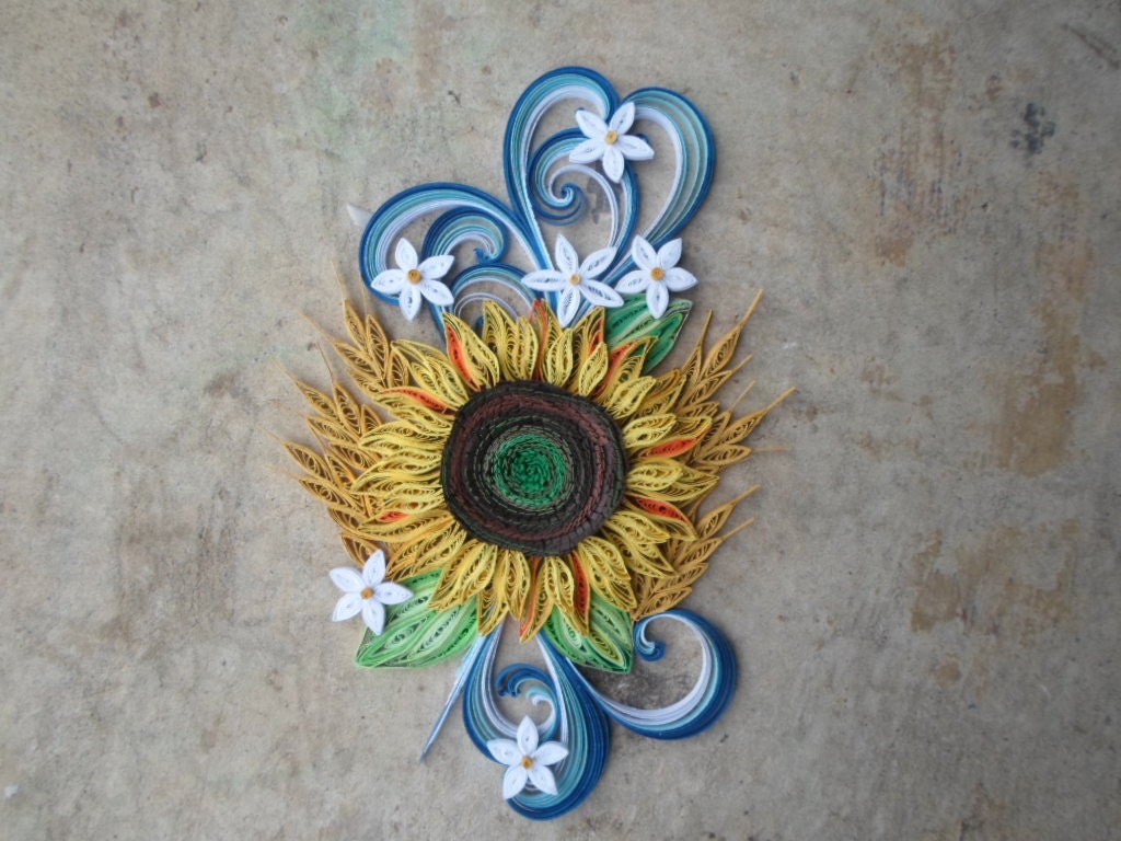 Quilled Sunflower Wall Art: Blue & Yellow Paper Flower Decor