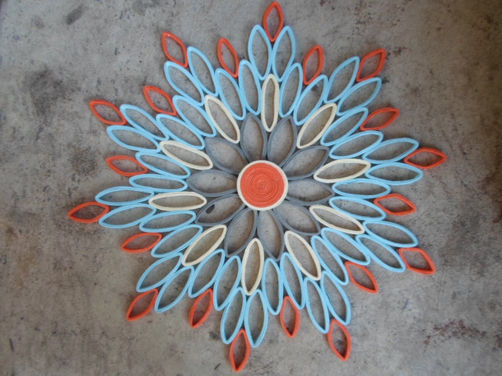 Blue & Orange Paper Flower Wall Art Contemporary Home Decor