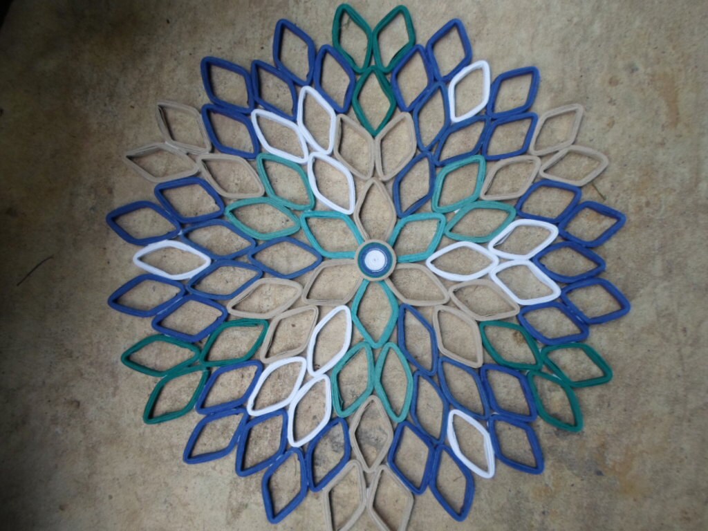Handmade Dahlia Paper Wall Art: Navy, Teal, and Beige