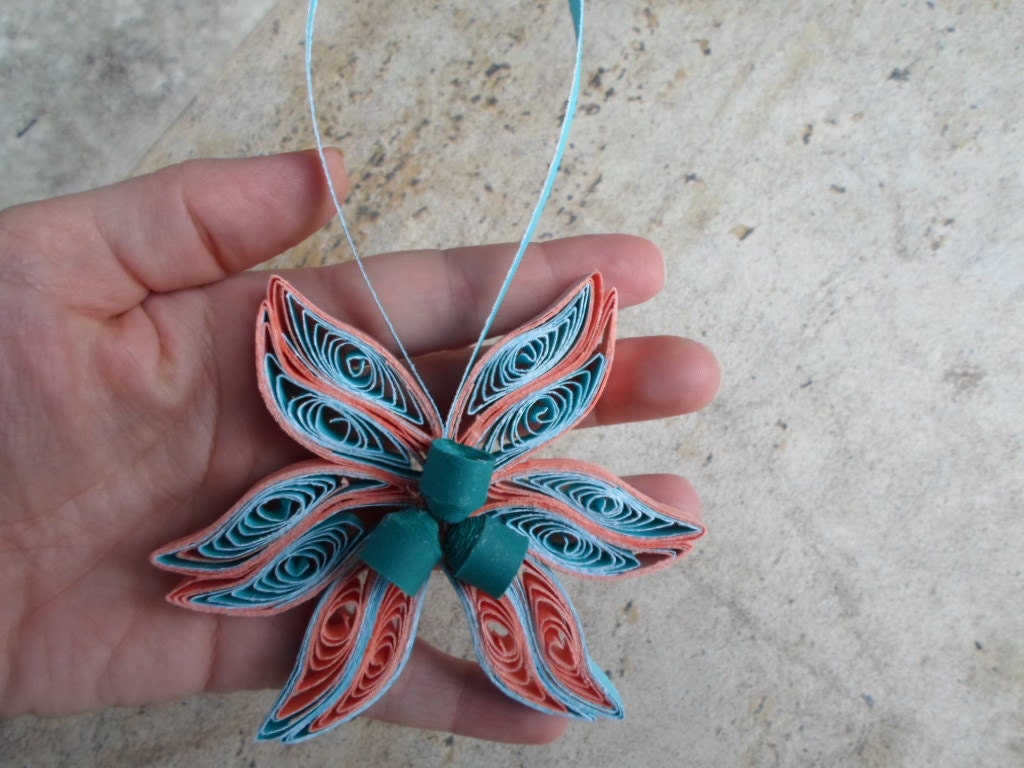 Teal & Coral Quilled Christmas Ornament: Paper Flower Decoration